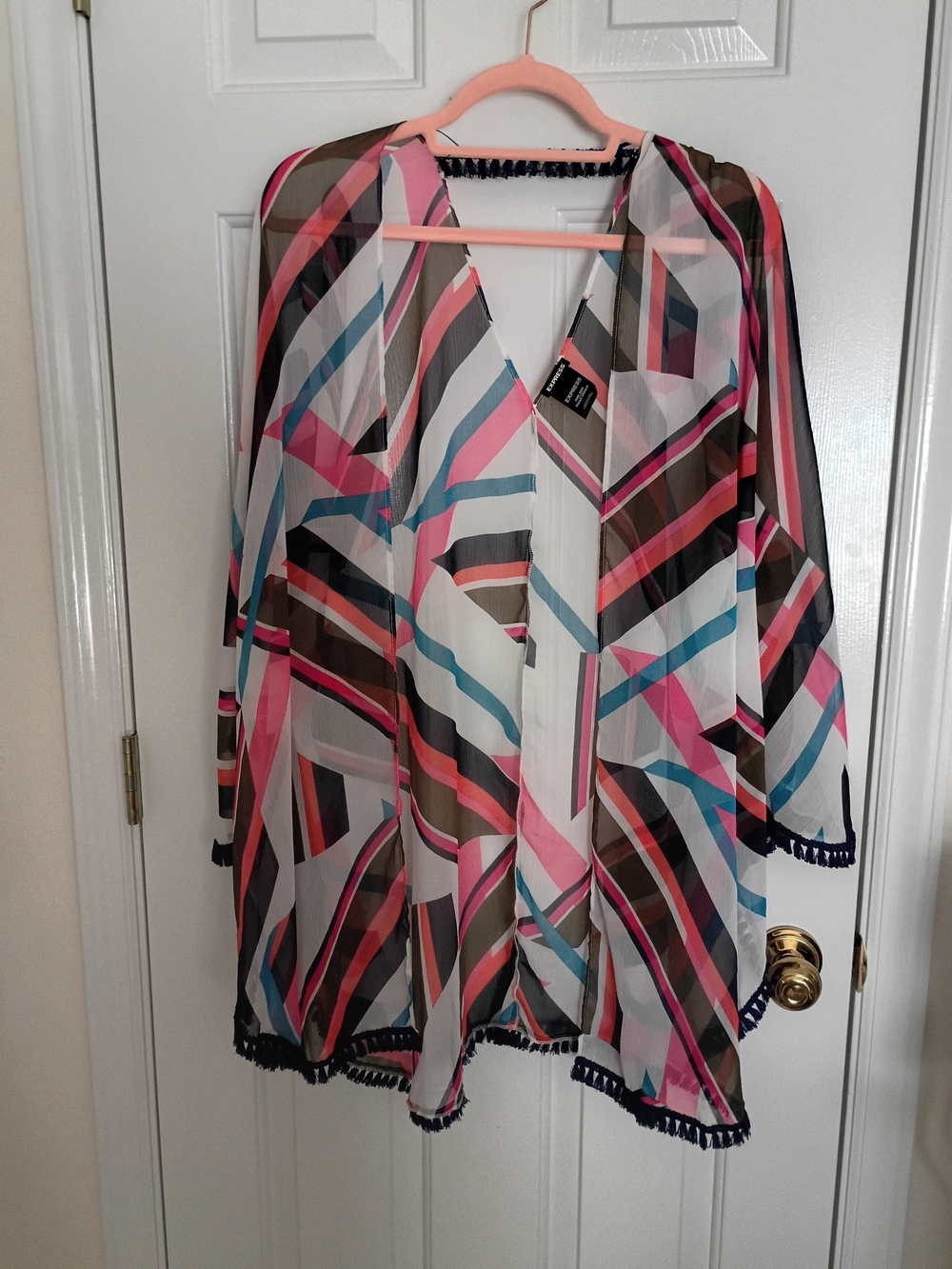 Express Striped Sheer Kimono Cover-Up in Pink, Teal, Brown & White One Size